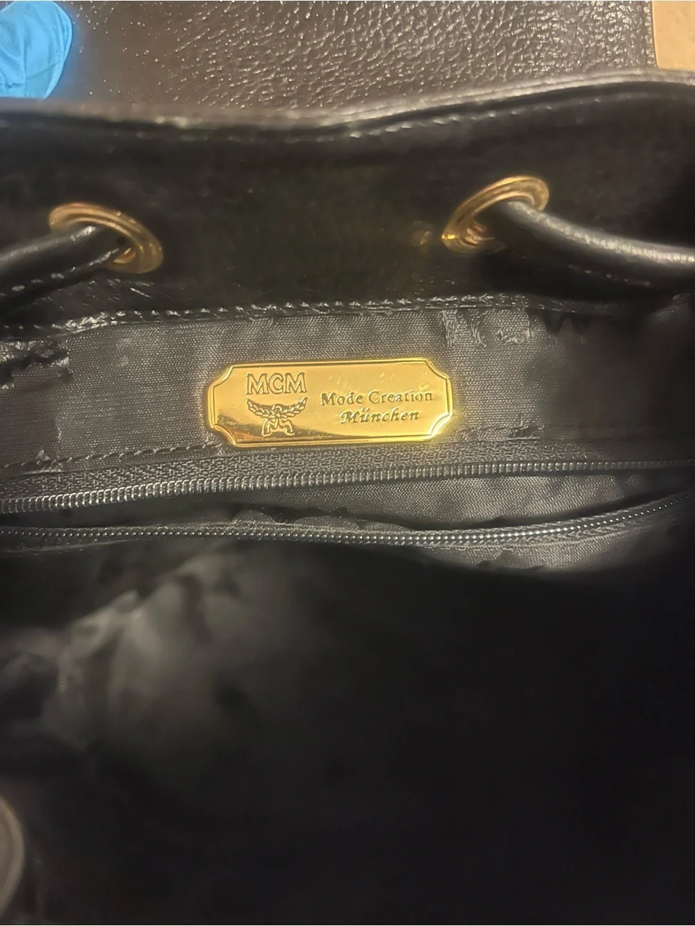 Vintage MCM Black Pebbled Leather Small Drawstring Backpack with Gold Hardware
